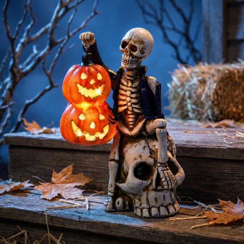 Halloween Skeleton Resin Figurine with Light Up Pumpkin Lantern - 21#