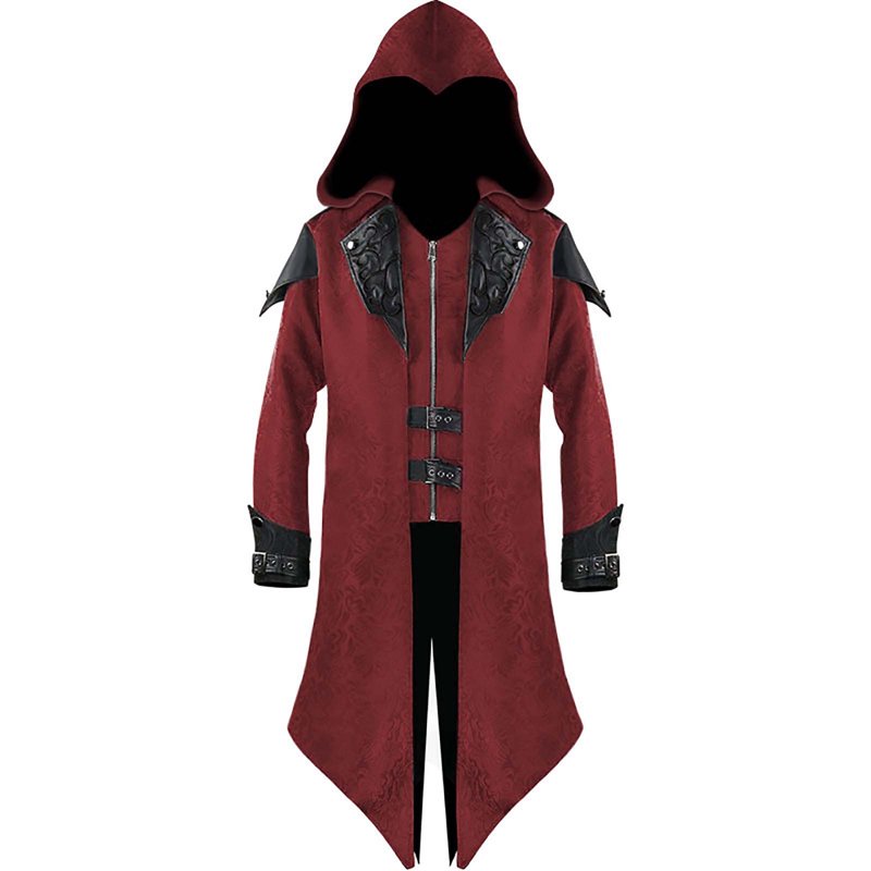 Men's Medieval Steampunk Tailcoat Costume Long Sleeve Hooded Trench Red XXL