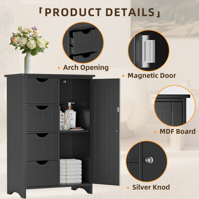 Bathroom Storage Cabinet with 4 Drawers and Cupboard - Black - Freestanding