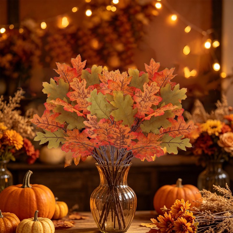 Artificial Maple Leaf Bushes - Green Fall Decor Stems for Vase, Thanksgiving & Halloween Centerpieces, 2 Pack