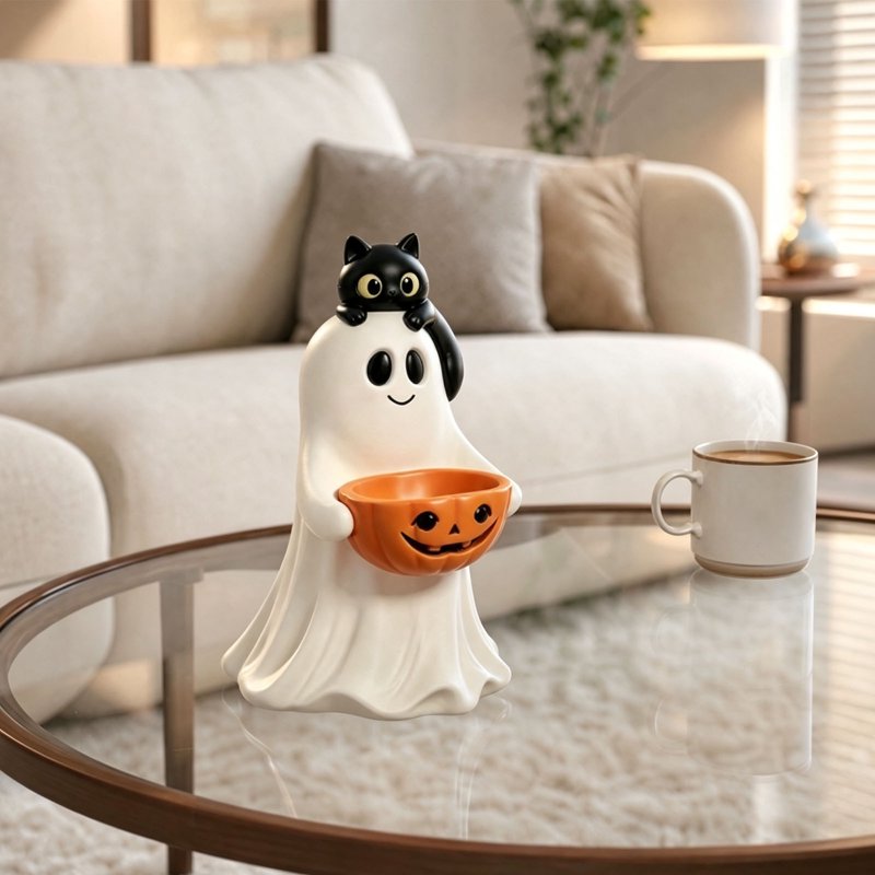 Halloween Ghost Pumpkin Candy Bowl - Cute Resin Spooky Treat Jar, Variation #021