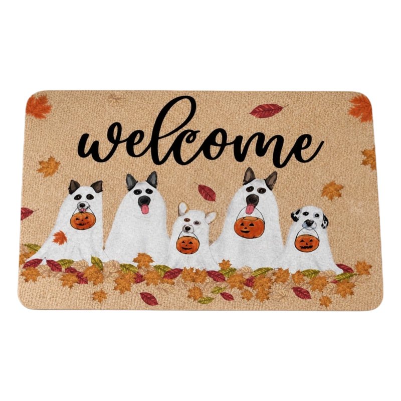 Halloween Ghost Dog Pumpkin Maple Leaf Welcome Doormat - Fall Entry Rug with Cute Dogs