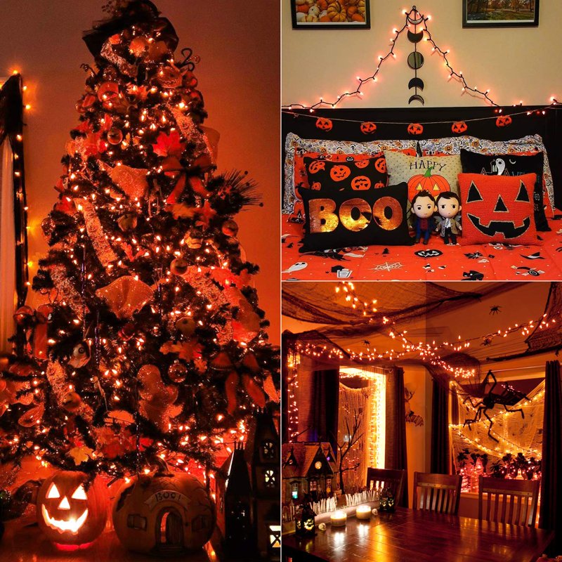 Halloween String Lights 33ft 100 LED Battery-Powered Waterproof Outdoor Indoor Orange & Purple