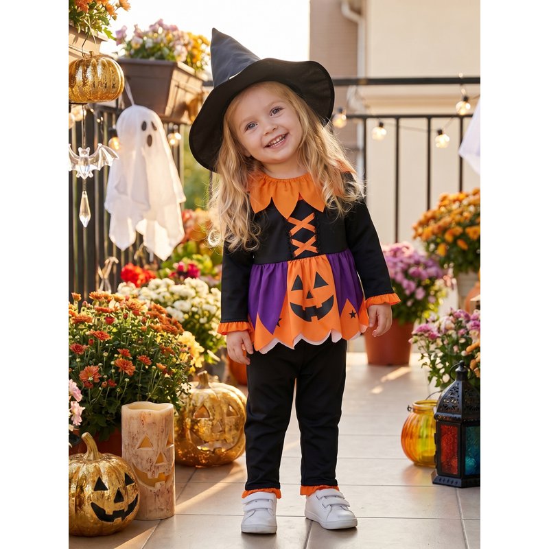 Toddler Girl Halloween Costume Pumpkin Outfit with Hat - Orange Black, 2-3 Years