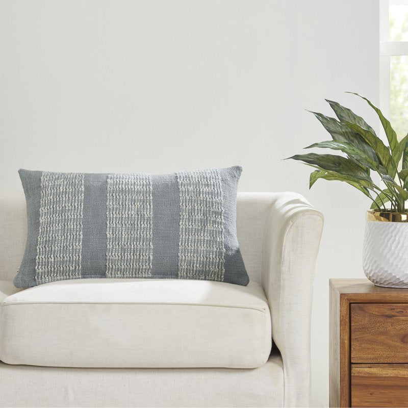 Grey Textured Panel Stripe Cotton-Rich Decorative Pillow - 14x24 Inches - Variation 1