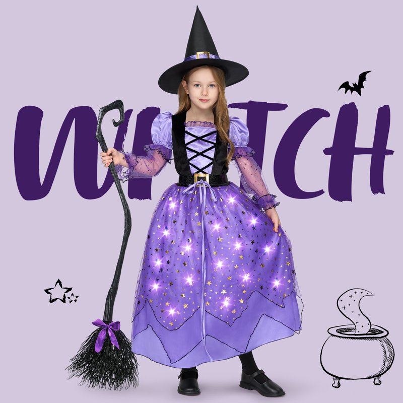 Girls Witch Costume Set - Purple Starry Dress with Light-Up Broom & Hat, Medium (8-10 Years)
