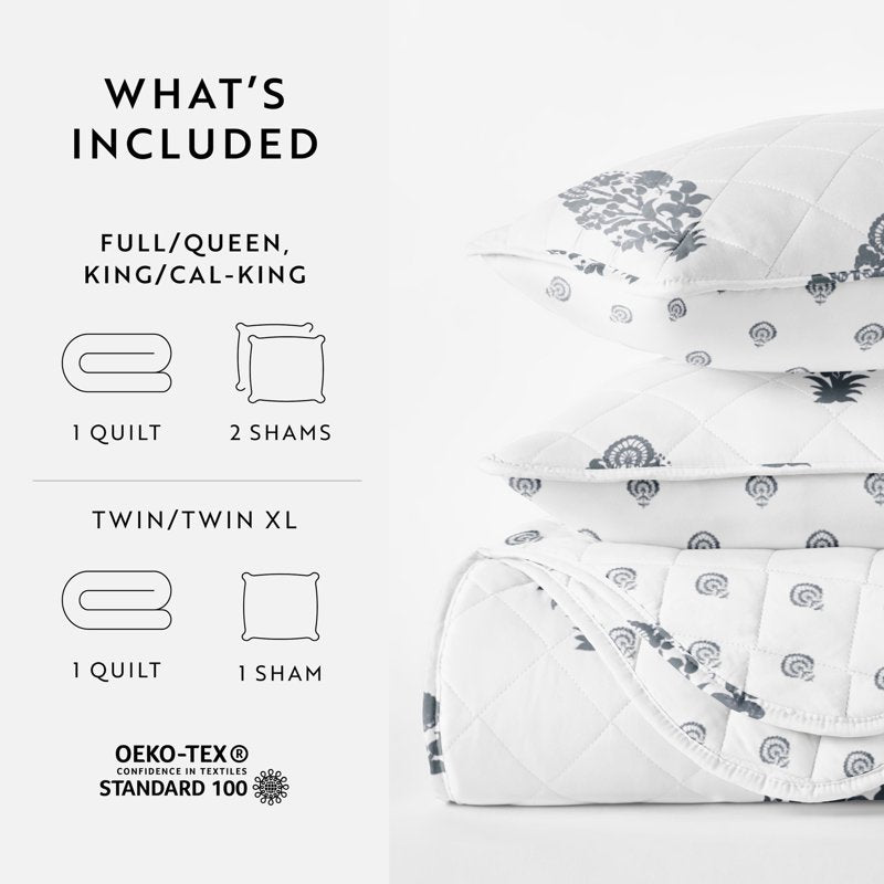 King Dusk Blue Stamped Bloom Reversible Quilt Set - Soft & Cozy Bedding