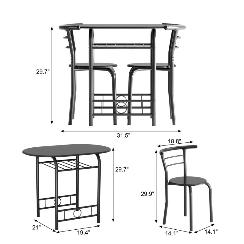 Black 3-Piece Dining Table Set with Space-Saving Chairs
