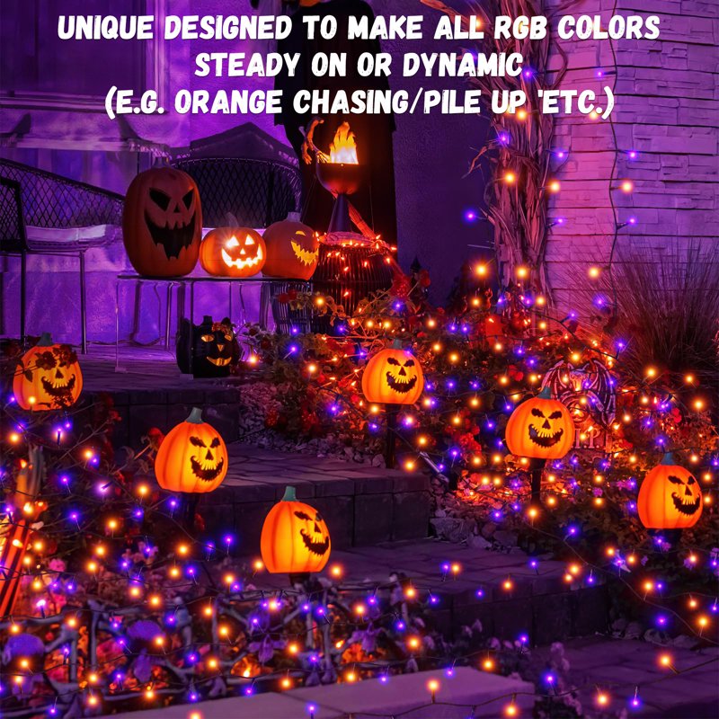 Halloween String Lights - Purple & Orange LED Outdoor Indoor Decor, 300 LEDs, 98 ft, Connectable, Waterproof, 8 Modes, Timer