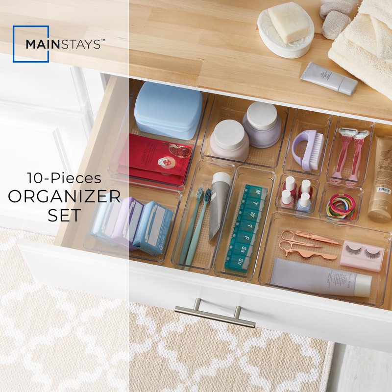 10-Piece Clear Plastic Bathroom Organizer Set - Modular Storage for Vanity and Drawers
