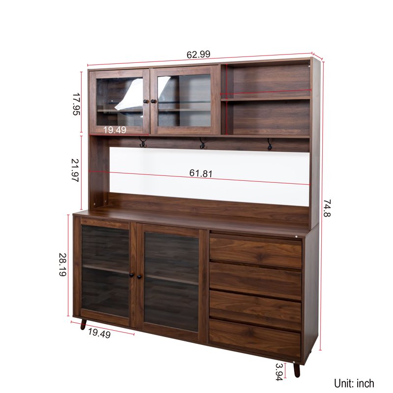 Large Kitchen Hutch Cabinet with 4 Doors & 4 Drawers - Walnut