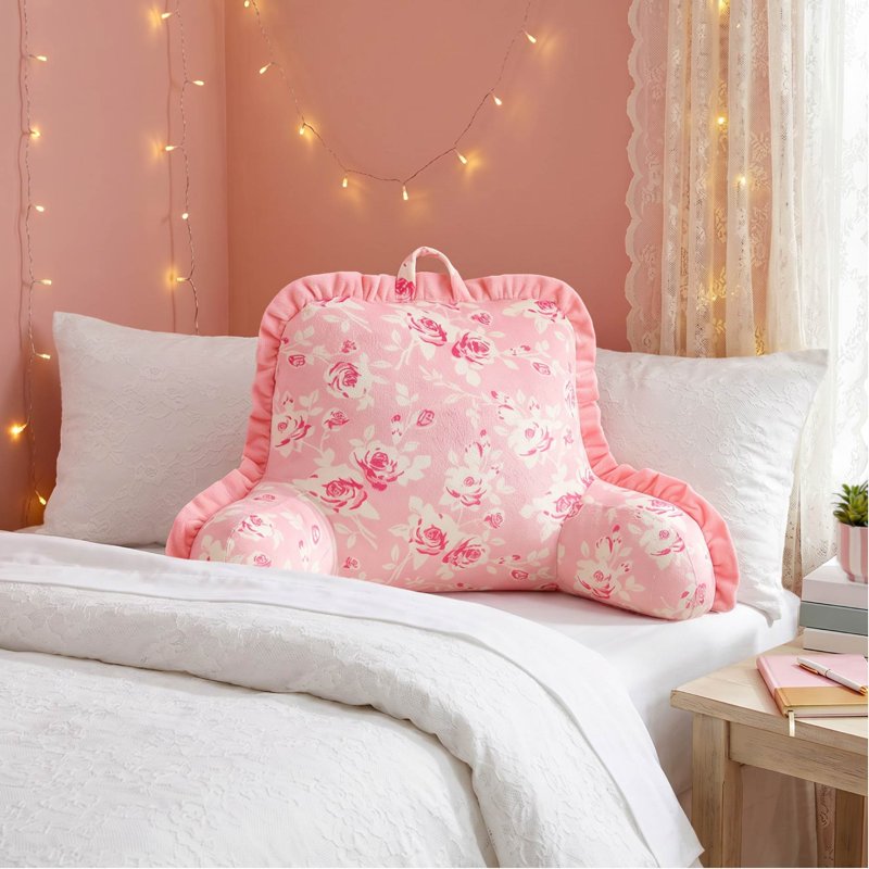 Pink Rose Backrest Pillow with Ruffle Trim - Supportive Indoor Cushion