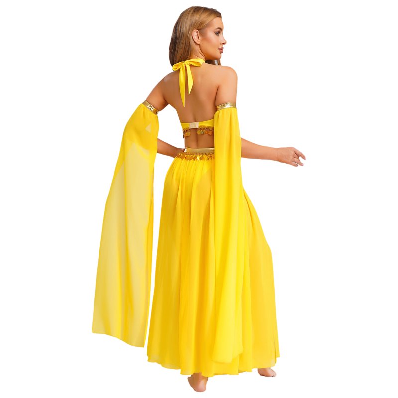 Women Belly Dance Costume Set with Chiffon Skirt and Crop Top - Yellow, S