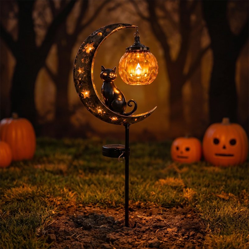 Halloween Solar Garden Stake Light Metal Crescent with Pumpkin & Cat C