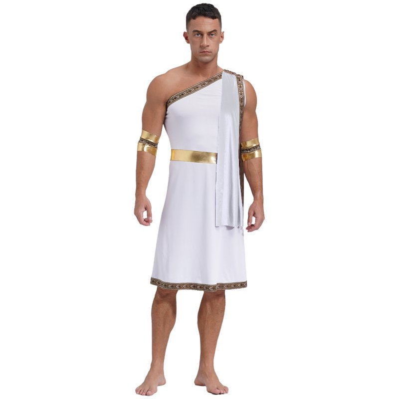 Men's Greek Roman Toga Costume with Sleeves - White, Medium Halloween Cosplay