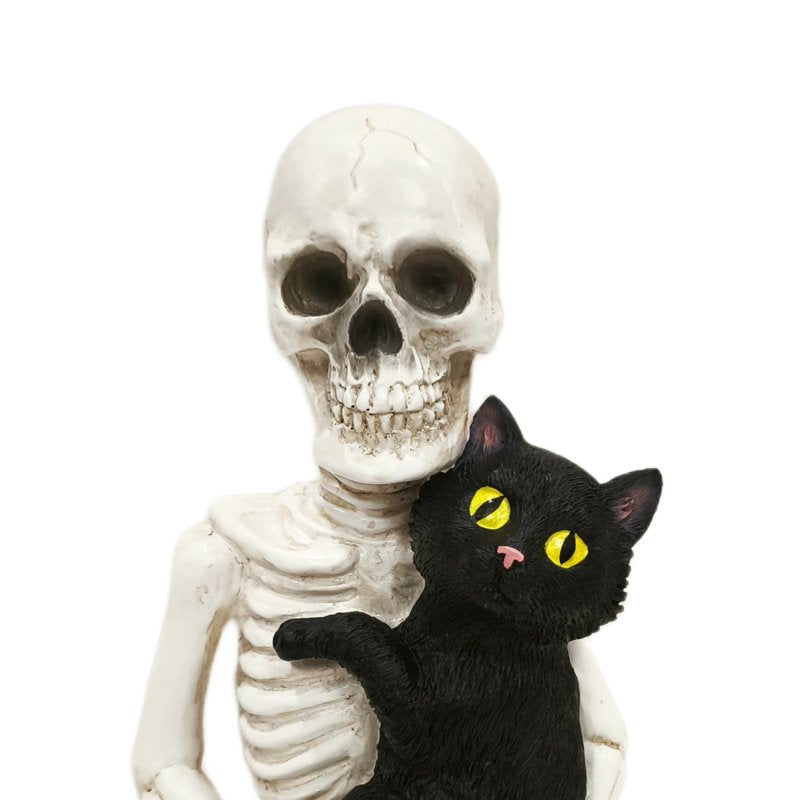 Halloween Skeleton and Cat Decor - Black and White, 8.8" Tabletop Accent