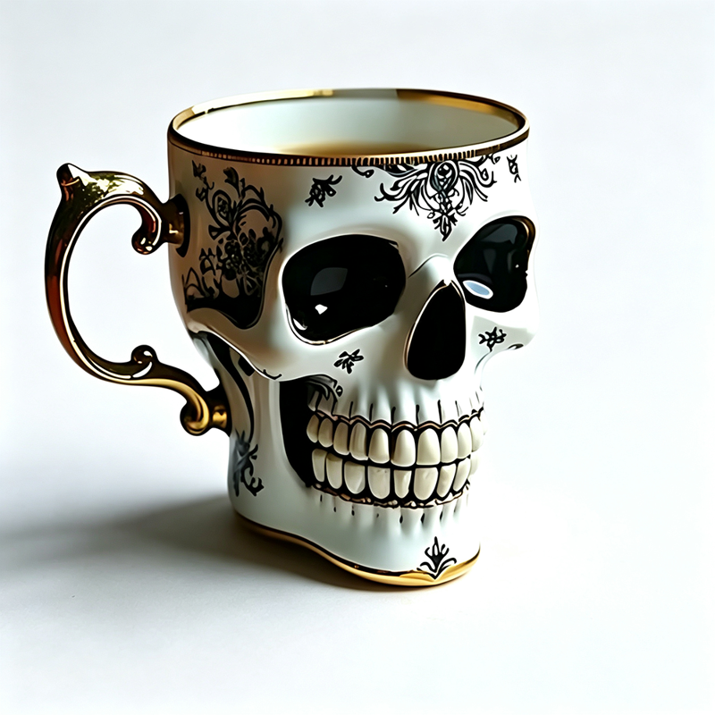 Free Size Gothic Skull Coffee Mug with Gold Trim and Saucer - Halloween Gift for Coffee Lovers
