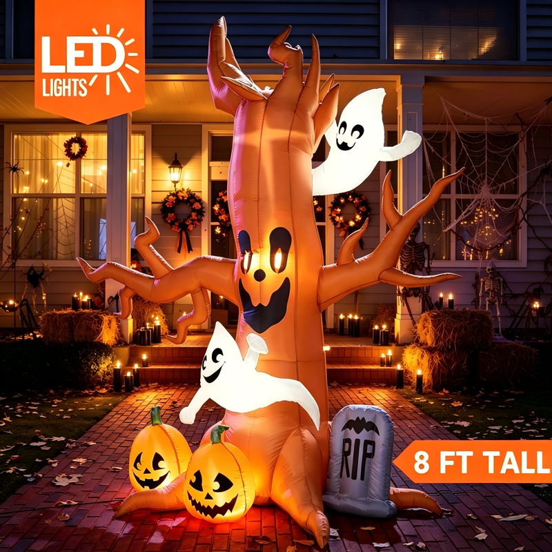 8 FT Halloween Inflatable Spooky Tree with Ghost, Pumpkin & Tombstone - Outdoor Yard Decor with LED Lights