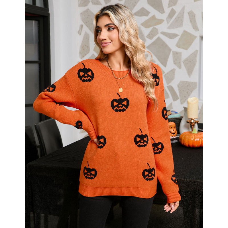 Halloween Pumpkin Ghost Print Women Sweater - Loose Knit Crewneck Pullover, Orange, S