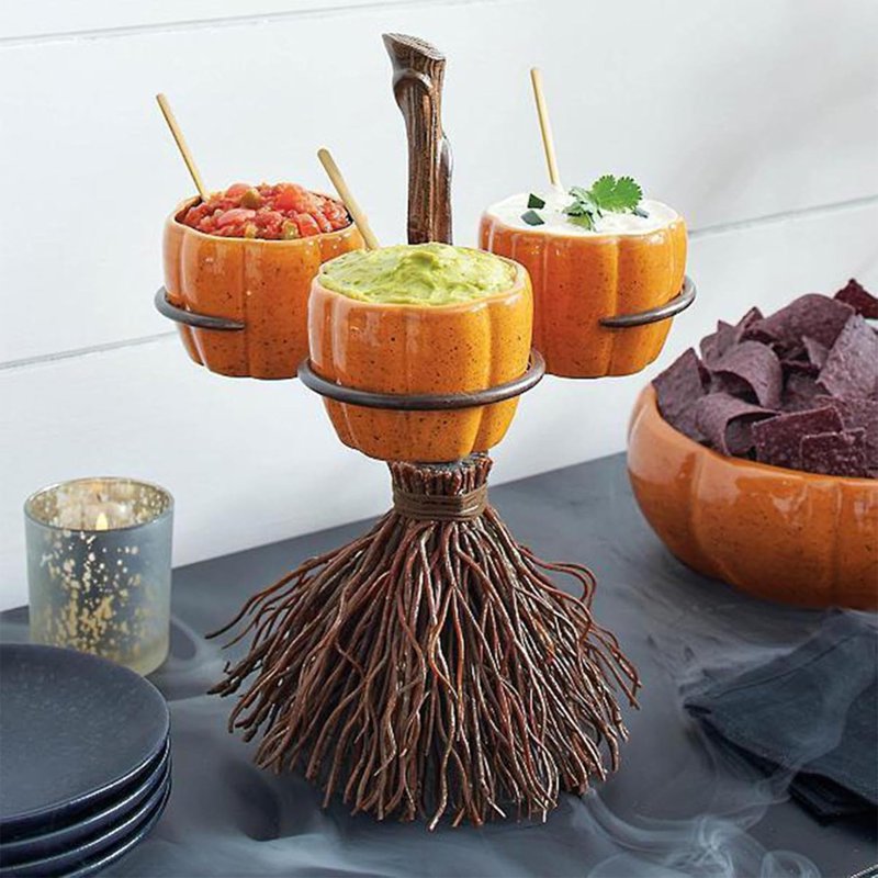 Halloween Candy Bowl Stand with Pumpkin Bowls & Broomstick Base - Variation #002