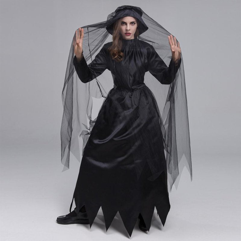 Ghost Bride Dress for Women Halloween Costume S - Vampire Gothic Gothic Witch Black Veil Hat