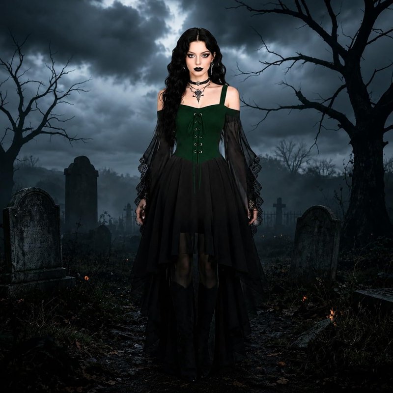 Green Women Butterfly Sleeve Witch Dress Gothic Costume Halloween 2026
