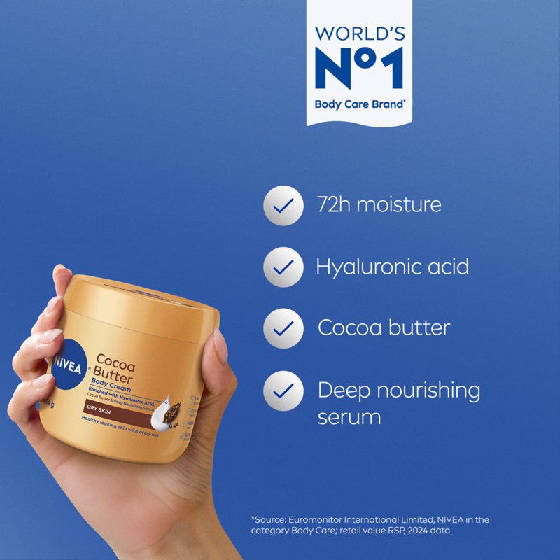 Cocoa Butter Body Cream with Hyaluronic Acid & Vitamin E for Dry Skin