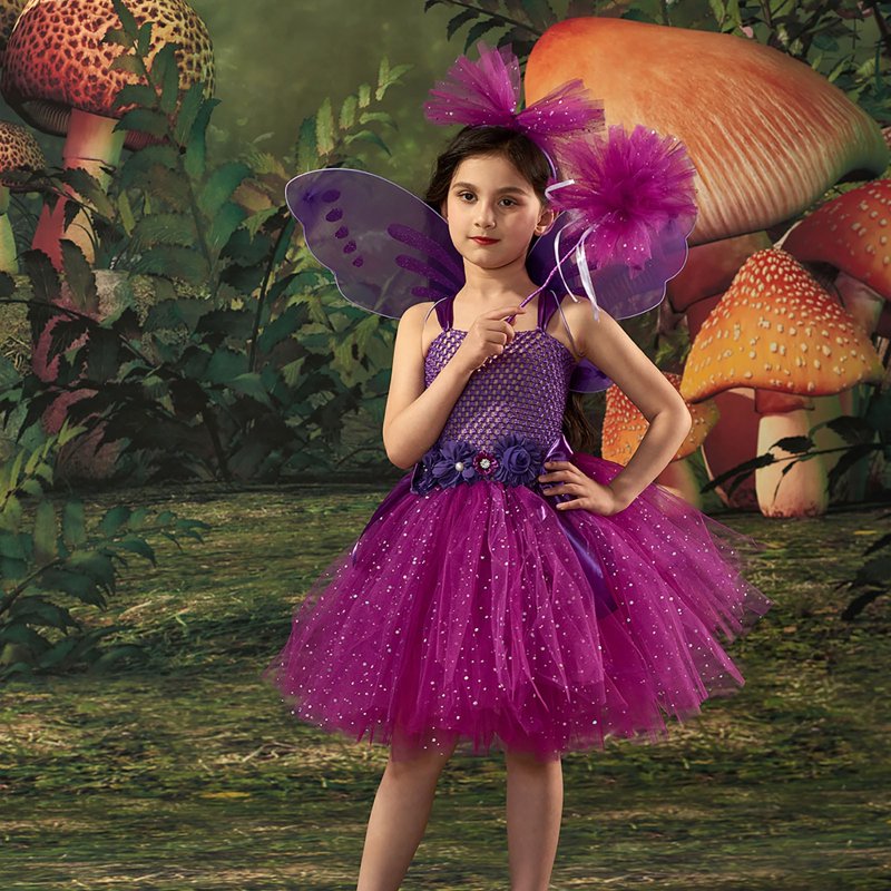 Kids Girls Halloween Fairy Dress Set with Headband and Wings