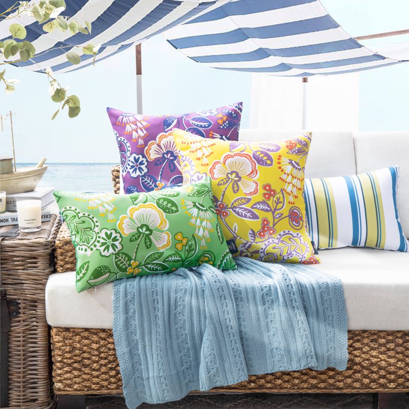 Outdoor Waterproof Floral Throw Pillow Set - Light Green 18x18 Inch, Pack of 2