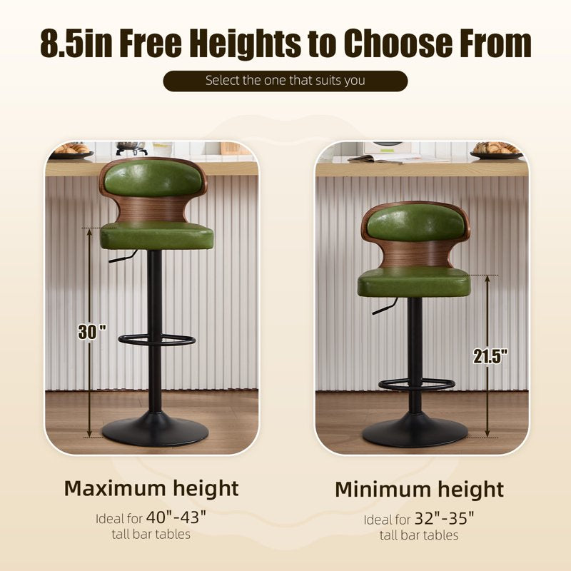 Swivel Bar Stools Set of 2 - Wooden Kitchen Chairs with Back - Green