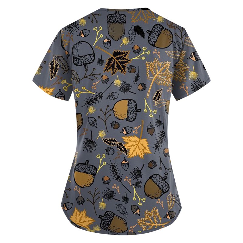 XL Gray Women's Halloween Pumpkin-Headed Bat Printed Scrub Top with Pockets