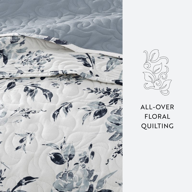 Queen Light Blue Rose Garden Reversible Quilt Set - Soft & Hypoallergenic