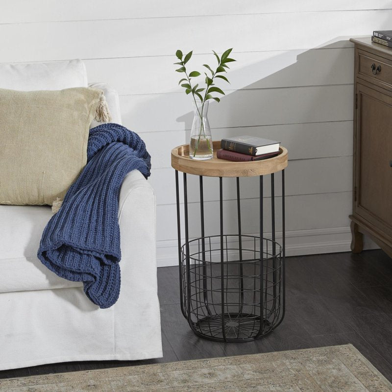 Accent Table with Storage - 16" x 26" Black Metal Wire Basket