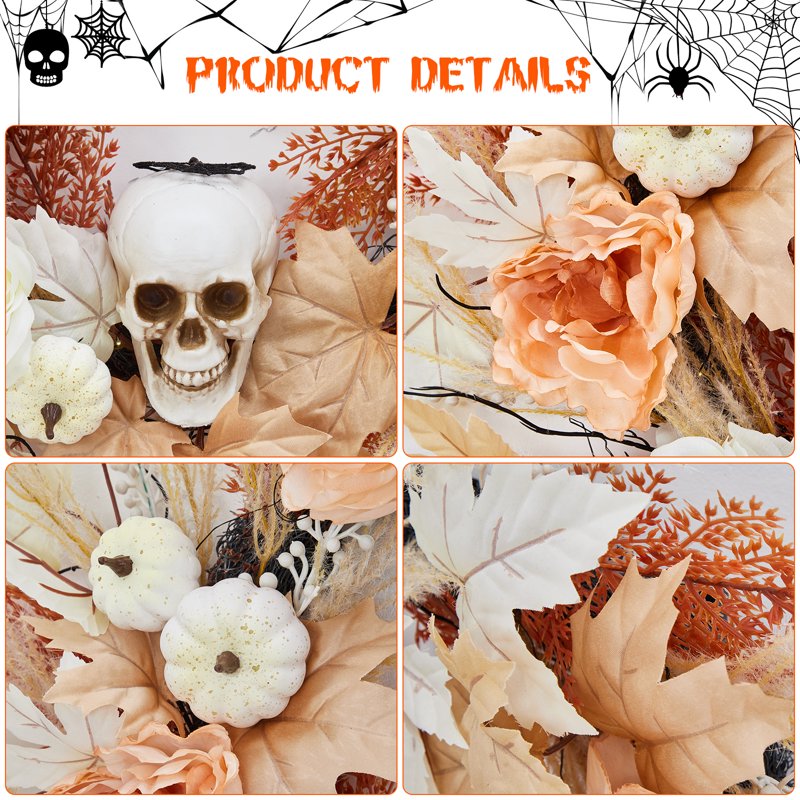 Prelit Halloween & Fall Wreath 22 Inch with Pumpkin, Bone & Maple Leaves