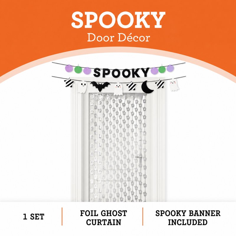 Halloween Door Decoration Set with Fringe Curtain and Spooky Banner - Silver and Black