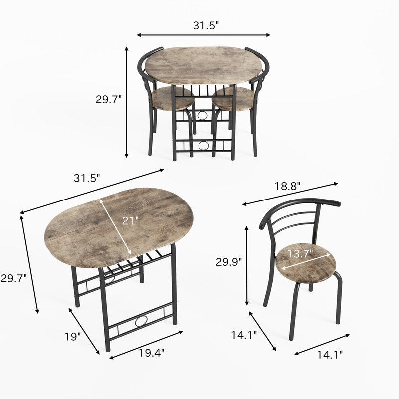 Compact 3-Piece Dining Set for 2 - Walnut Finish