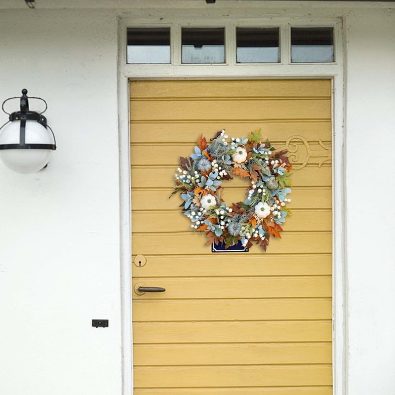 Halloween Fall Decor Wreath with Frosted Leaves Pumpkins and Berries - S Variation
