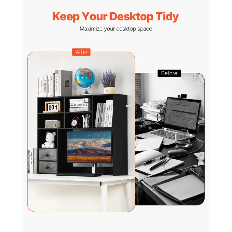 Tri-Level Desktop Bookcase - Durable Wood Organizer with Storage Bins