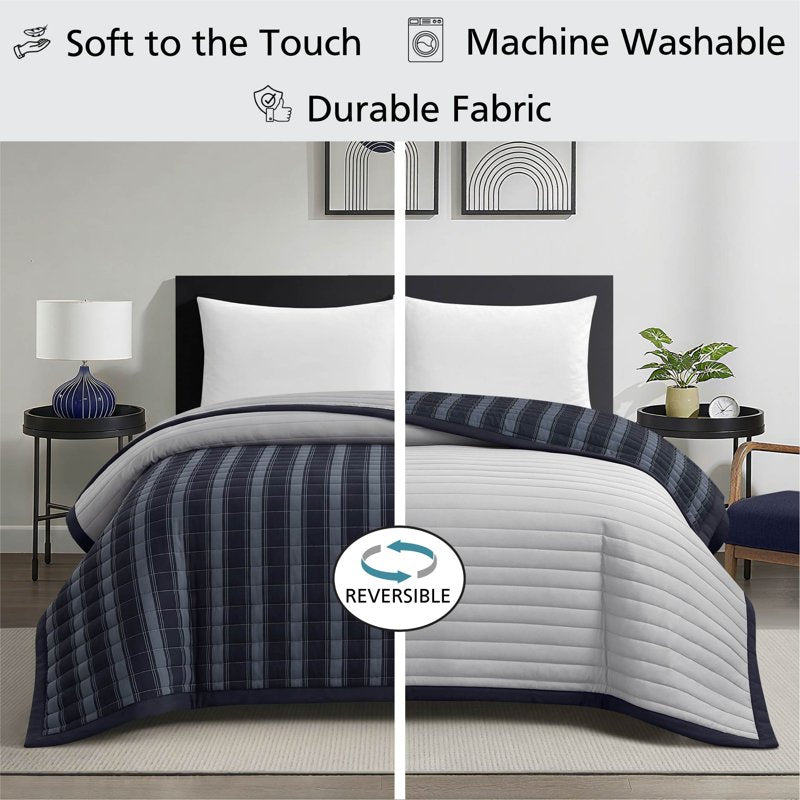 Mainstays Grey Reversible Quilt - Full/Queen, 86 x 90 Inches, Grey Striped