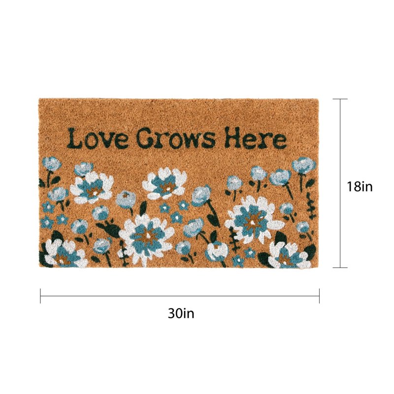 Outdoor Coir Doormat 18x30 Inch - Love Grows Here Floral Entry Rug - Non-Slip Home Entrance Mat
