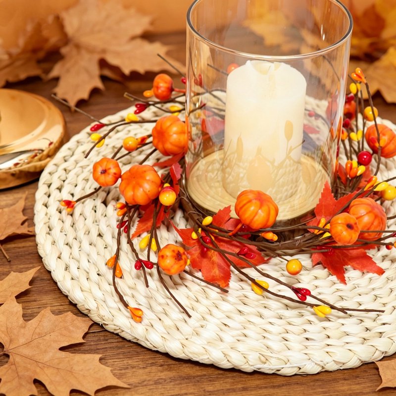 Daghihgewr Fall Pumpkin Candle Ring with Maple Leaves & Berries - Variation #11