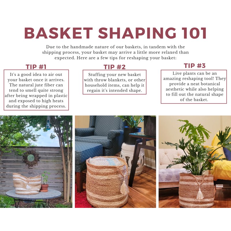 Woven Round Jute Storage Basket with Handles - 19 Inch, Red/White Stripe