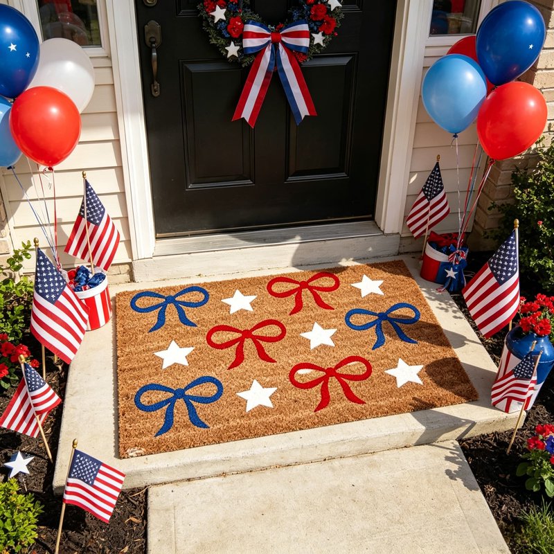 Patriotic Door Mat 4th of July Bow & Star Floor Doormat - 20x30in Independence Day Welcome Rug