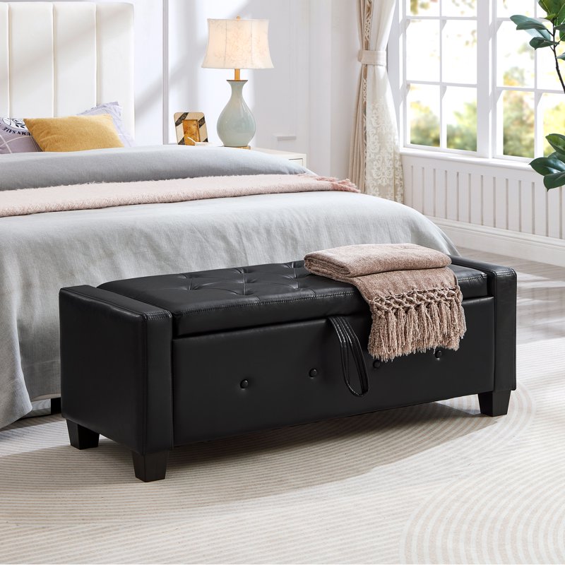 Spacious Faux Leather Storage Ottoman Bench - Black, 48"