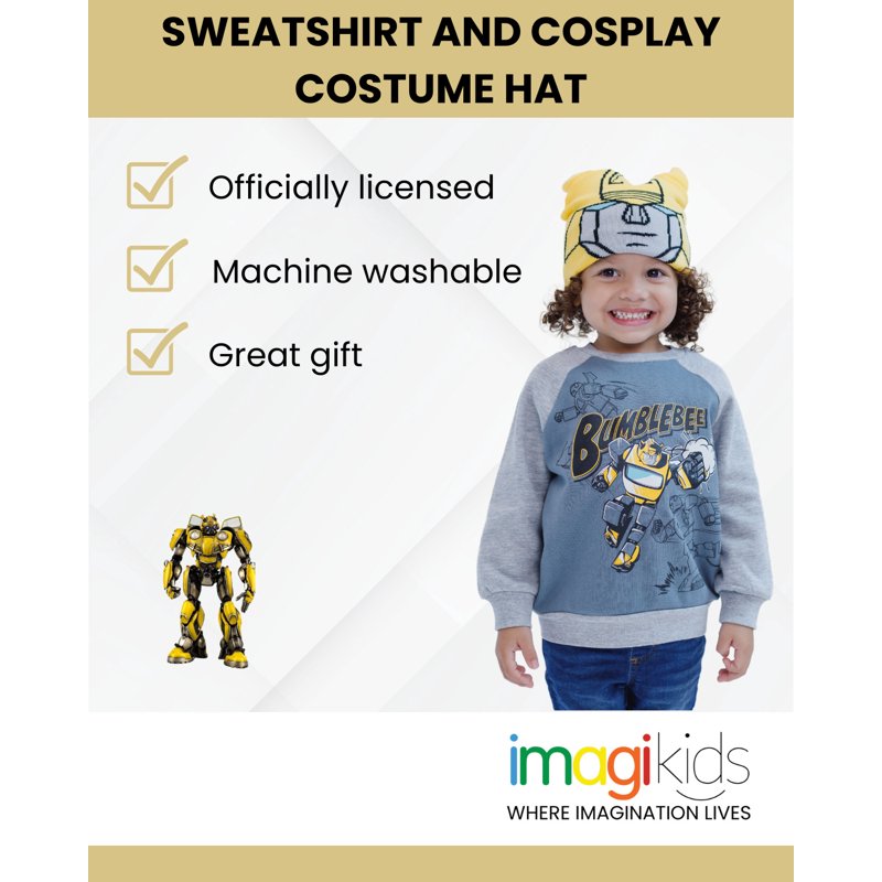 Transformers Bumblebee Fleece Sweatshirt and Cosplay Hat Set - Gray Yellow 10-12 Kids