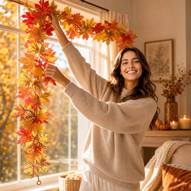 Autumn Maple Leaf Garland with Acorns - Flexible Fall Decor for Mantel & Table - Orange Q