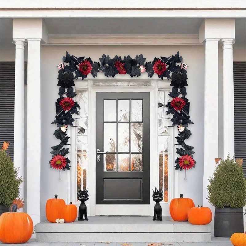 Halloween Garland Decor with Wreath - 68.9in Black Seasonal Home Decoration - Variation A