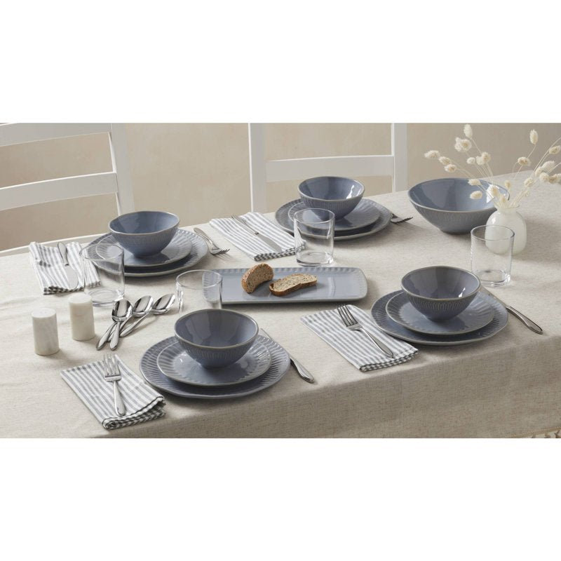 12-Piece Blue Stoneware Dinnerware Set - Artisanal Stripe