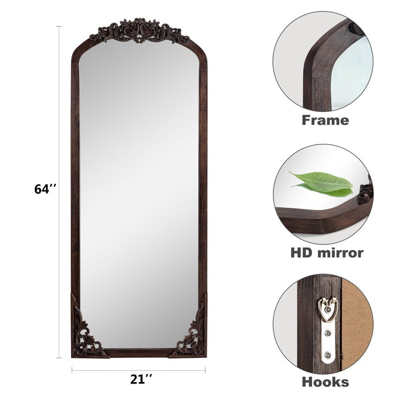 Full-Length Arch Mirror 64x22 Vintage Wooden Frame, Natural Finish