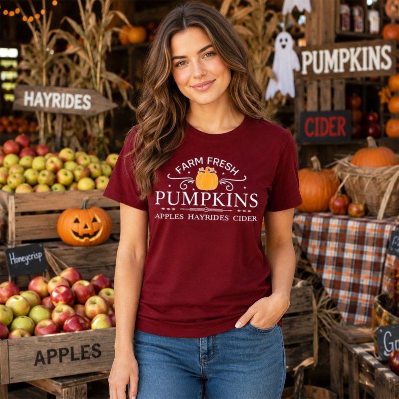 Halloween Pumpkin Graphic T-Shirt Women D-Wine Red XL Crew Neck Casual Top